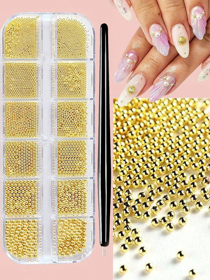 1pc Magnetic Nail Art Pen And 1 Box Of 12 Slots Gold & Silver Metal Pendant Mini Caviar Nail Beads Crystal Decorations- Perfect For Cat Eye/Gemstone Style Gel Nail Polish Magnetic Nail Art Tools Pen