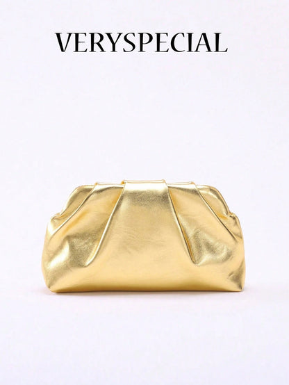 1pc Metallic Shiny PU Cloud Design Pleated Minimalist Clutch Bag, Fashionable Daily And Party Handbag For Women, Fashionable Clutch Bags For Woman