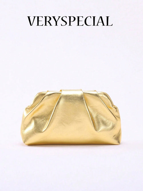 1pc Metallic Shiny PU Cloud Design Pleated Minimalist Clutch Bag, Fashionable Daily And Party Handbag For Women, Fashionable Clutch Bags For Woman