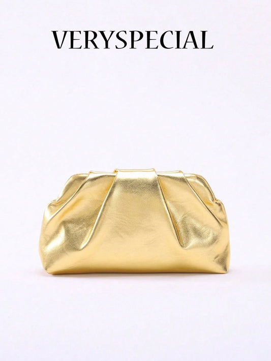 1pc Metallic Shiny PU Cloud Design Pleated Minimalist Clutch Bag, Fashionable Daily And Party Handbag For Women, Fashionable Clutch Bags For Woman