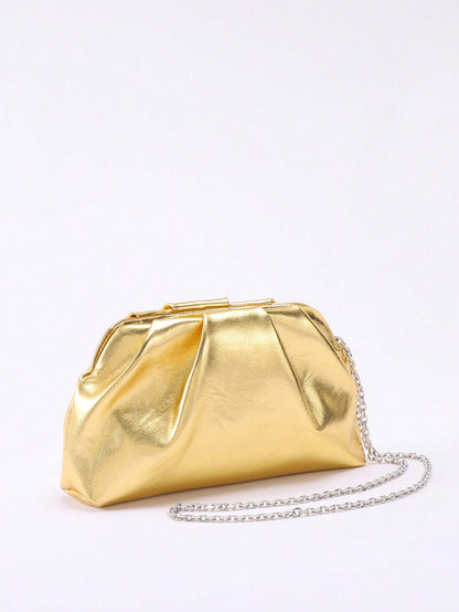 1pc Metallic Shiny PU Cloud Design Pleated Minimalist Clutch Bag, Fashionable Daily And Party Handbag For Women, Fashionable Clutch Bags For Woman