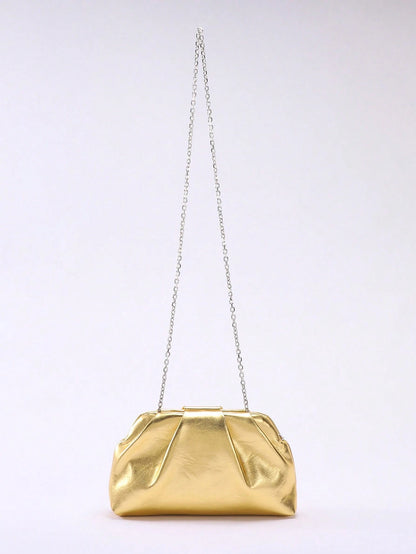 1pc Metallic Shiny PU Cloud Design Pleated Minimalist Clutch Bag, Fashionable Daily And Party Handbag For Women, Fashionable Clutch Bags For Woman