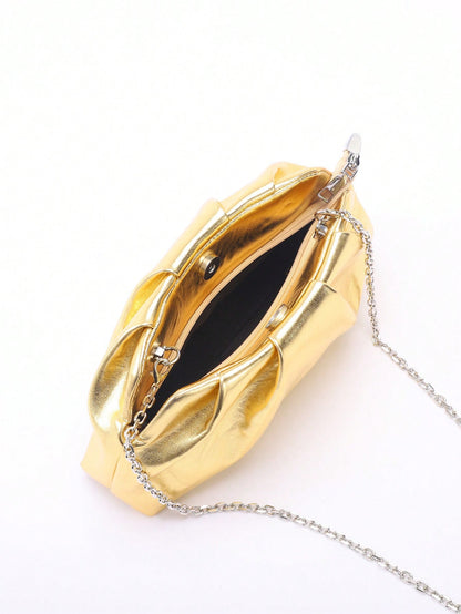 1pc Metallic Shiny PU Cloud Design Pleated Minimalist Clutch Bag, Fashionable Daily And Party Handbag For Women, Fashionable Clutch Bags For Woman