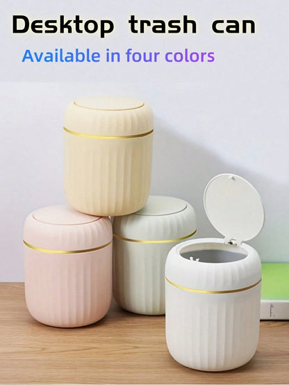 1pc Mini Cute Desktop Trash Can With Lid, Suitable For Bedroom, Office, Kitchen, Bathroom And Other Home Spaces. This Small Compact Plastic Trash Can With Flip Lid Is Perfect For Placing On The Deskto