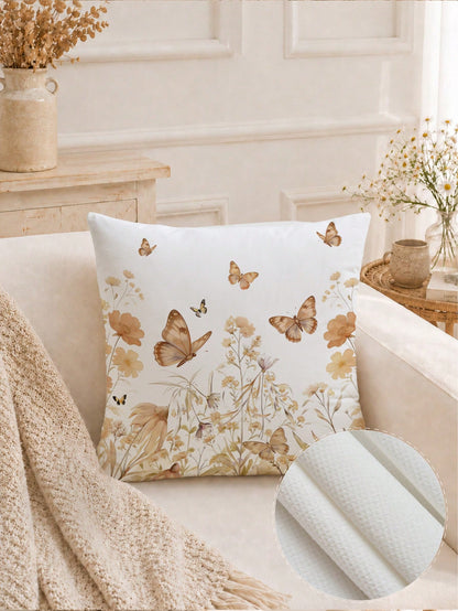 1pc Minimalist Daily Coffee Brown Butterfly Floral Pattern Waffle Fabric Cushion Cover, Single-Sided Printed Soft Waffle Polyester Material, 45*45CM/18*18inch Pillowcase Suitable For Room Decor, Moder