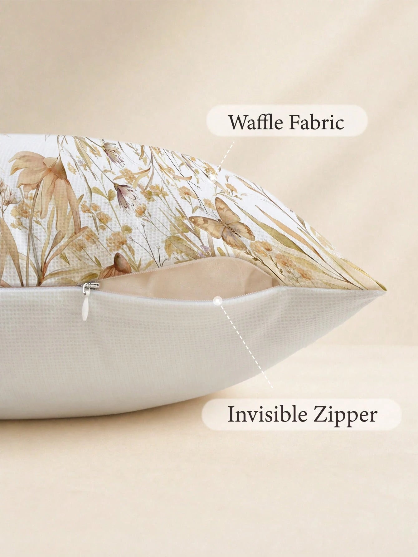1pc Minimalist Daily Coffee Brown Butterfly Floral Pattern Waffle Fabric Cushion Cover, Single-Sided Printed Soft Waffle Polyester Material, 45*45CM/18*18inch Pillowcase Suitable For Room Decor, Moder