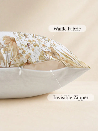 1pc Minimalist Daily Coffee Brown Butterfly Floral Pattern Waffle Fabric Cushion Cover, Single-Sided Printed Soft Waffle Polyester Material, 45*45CM/18*18inch Pillowcase Suitable For Room Decor, Moder