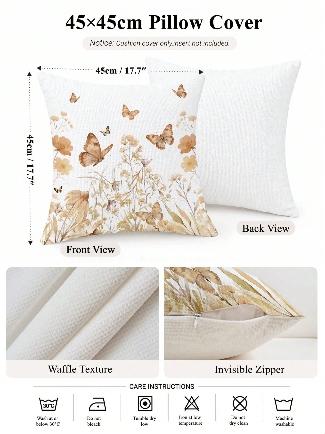 1pc Minimalist Daily Coffee Brown Butterfly Floral Pattern Waffle Fabric Cushion Cover, Single-Sided Printed Soft Waffle Polyester Material, 45*45CM/18*18inch Pillowcase Suitable For Room Decor, Moder