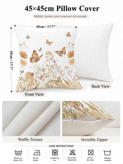 1pc Minimalist Daily Coffee Brown Butterfly Floral Pattern Waffle Fabric Cushion Cover, Single-Sided Printed Soft Waffle Polyester Material, 45*45CM/18*18inch Pillowcase Suitable For Room Decor, Moder