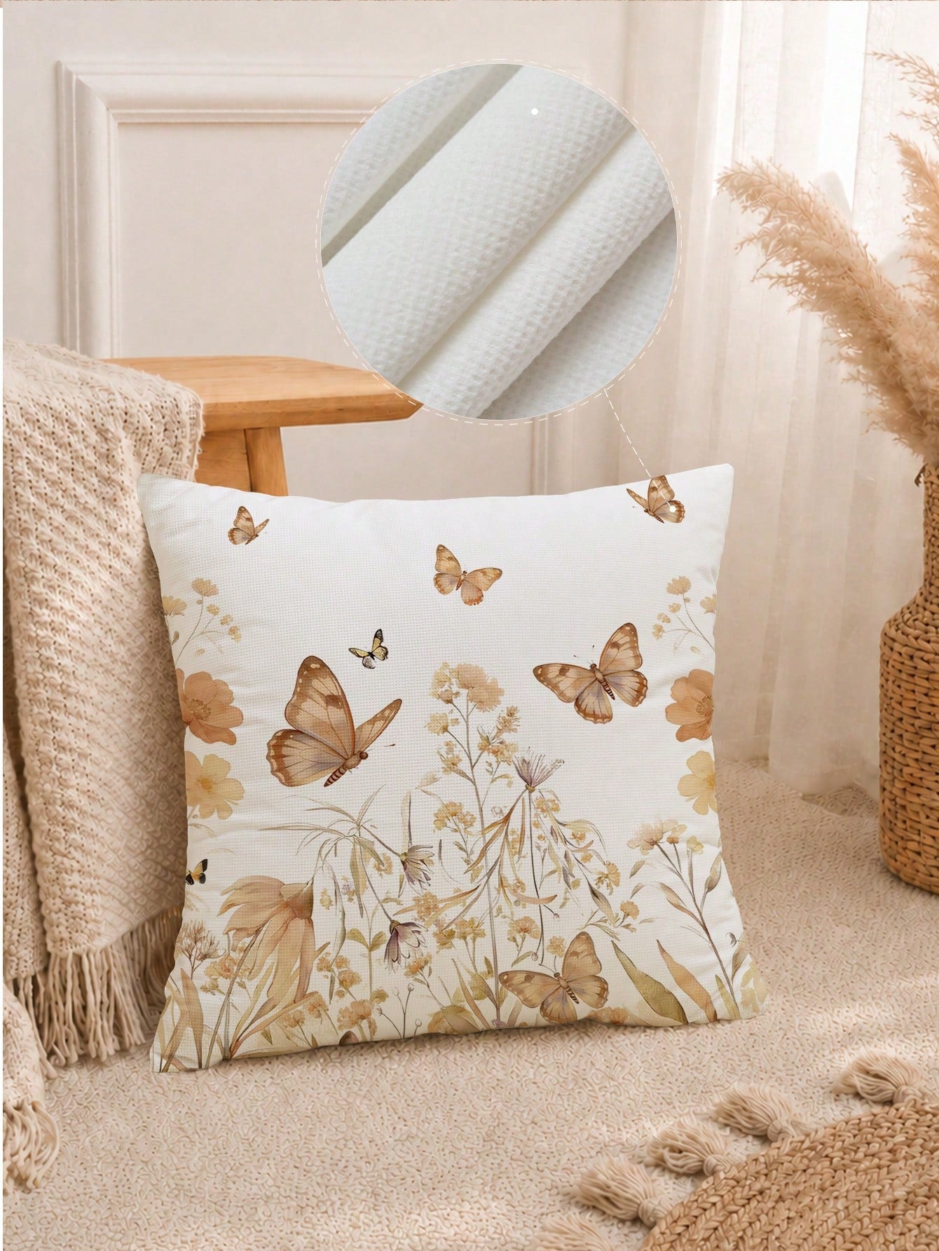 1pc Minimalist Daily Coffee Brown Butterfly Floral Pattern Waffle Fabric Cushion Cover, Single-Sided Printed Soft Waffle Polyester Material, 45*45CM/18*18inch Pillowcase Suitable For Room Decor, Moder
