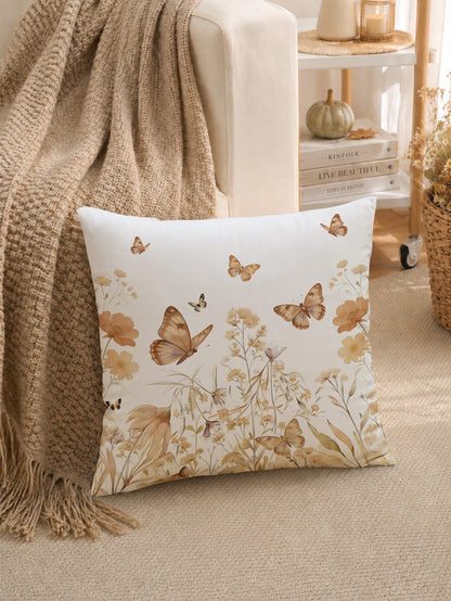 1pc Minimalist Daily Coffee Brown Butterfly Floral Pattern Waffle Fabric Cushion Cover, Single-Sided Printed Soft Waffle Polyester Material, 45*45CM/18*18inch Pillowcase Suitable For Room Decor, Moder