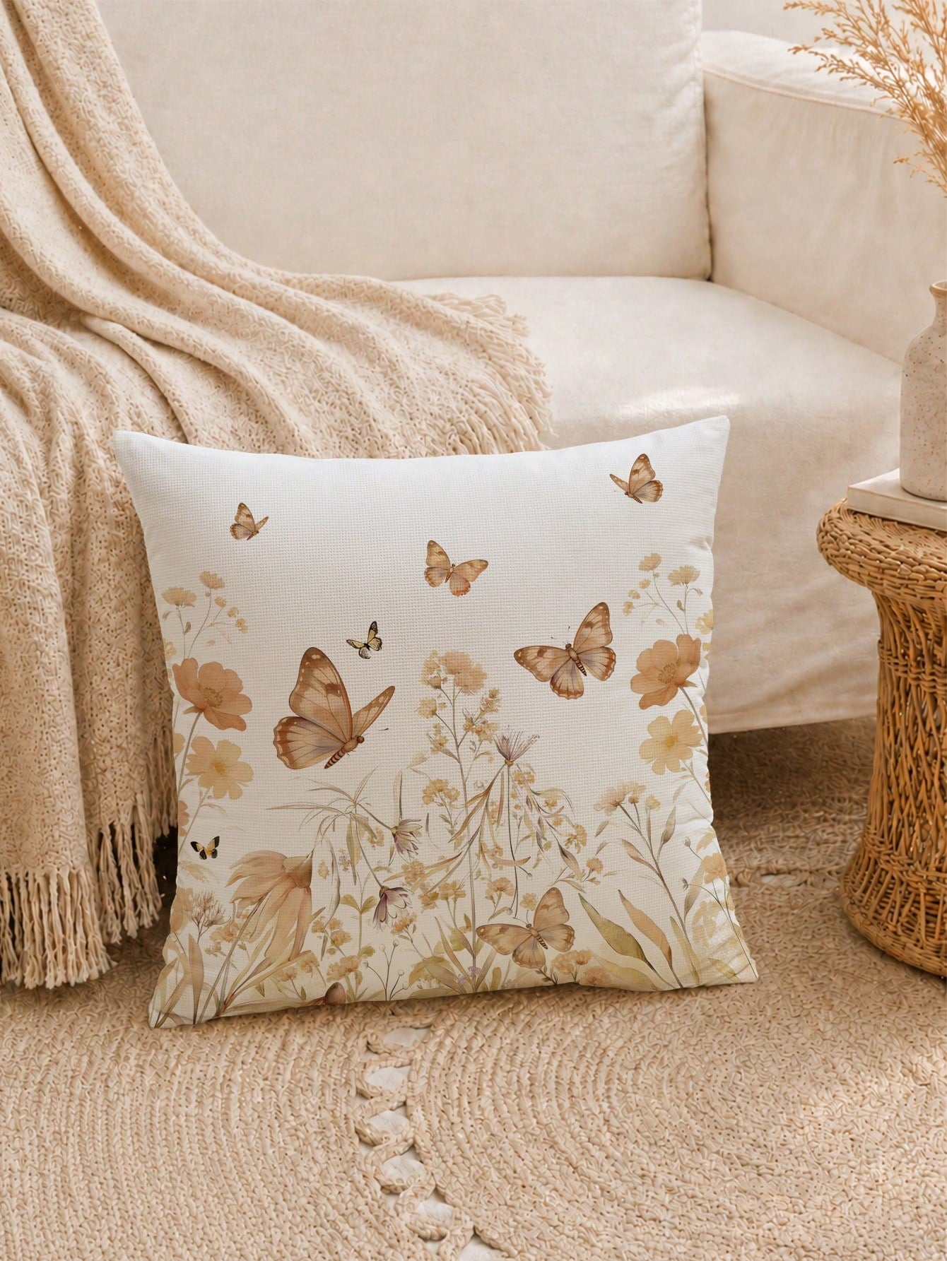 1pc Minimalist Daily Coffee Brown Butterfly Floral Pattern Waffle Fabric Cushion Cover, Single-Sided Printed Soft Waffle Polyester Material, 45*45CM/18*18inch Pillowcase Suitable For Room Decor, Moder