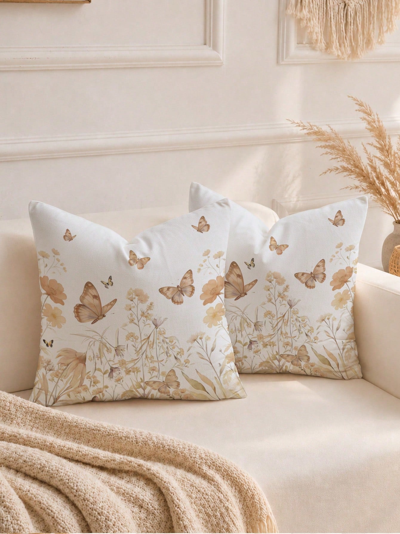 1pc Minimalist Daily Coffee Brown Butterfly Floral Pattern Waffle Fabric Cushion Cover, Single-Sided Printed Soft Waffle Polyester Material, 45*45CM/18*18inch Pillowcase Suitable For Room Decor, Moder