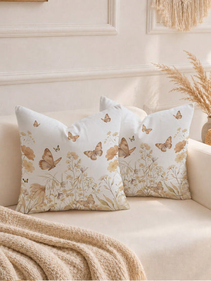 1pc Minimalist Daily Coffee Brown Butterfly Floral Pattern Waffle Fabric Cushion Cover, Single-Sided Printed Soft Waffle Polyester Material, 45*45CM/18*18inch Pillowcase Suitable For Room Decor, Moder