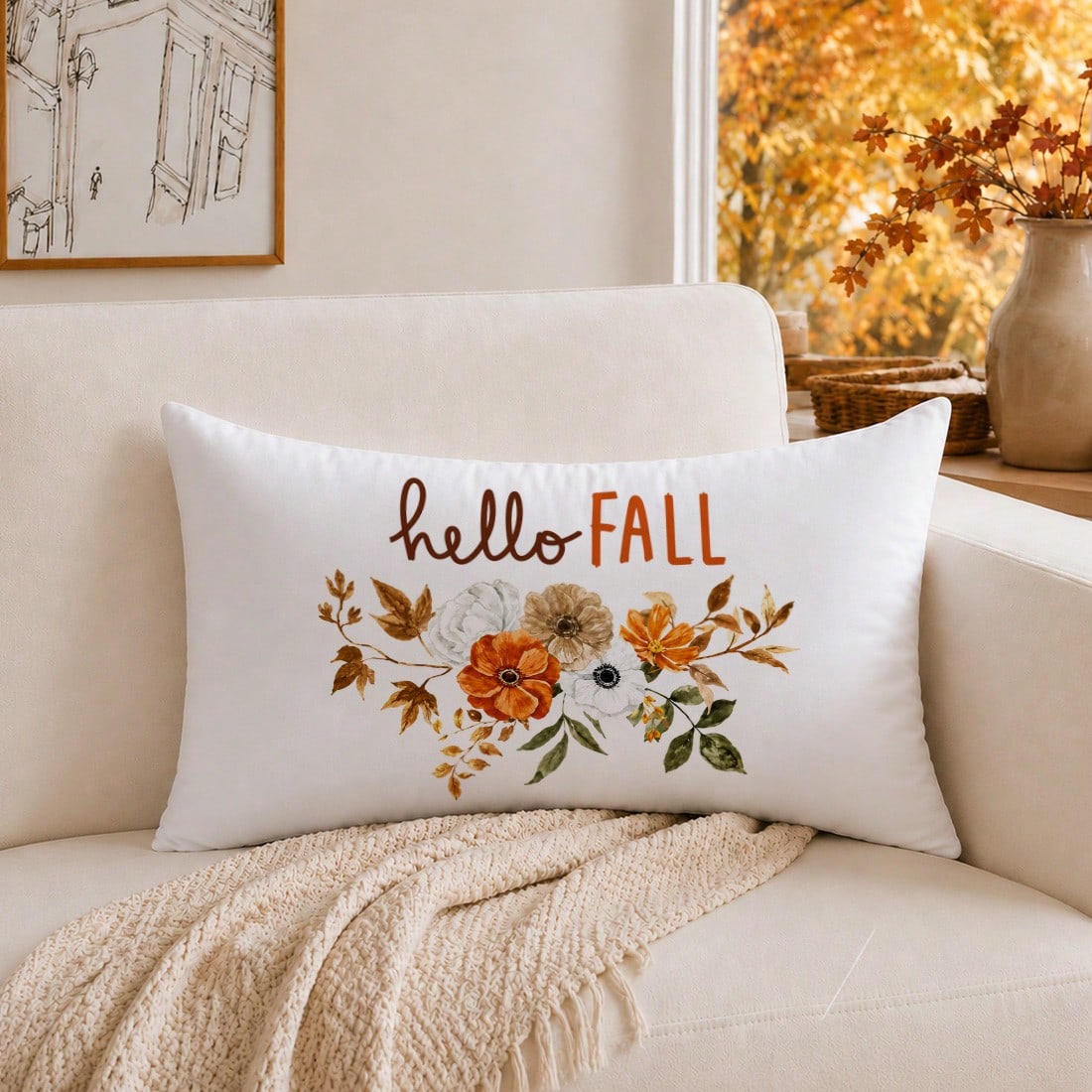 1pc Minimalist Hello Autumn Text & Floral Illustration Cushion Cover, Single-Sided Printed Peach Skin Velvet Material, 30*50/40*60CM Pillowcase Suitable For Room Decoration, Modern Minimalist Sofa Liv