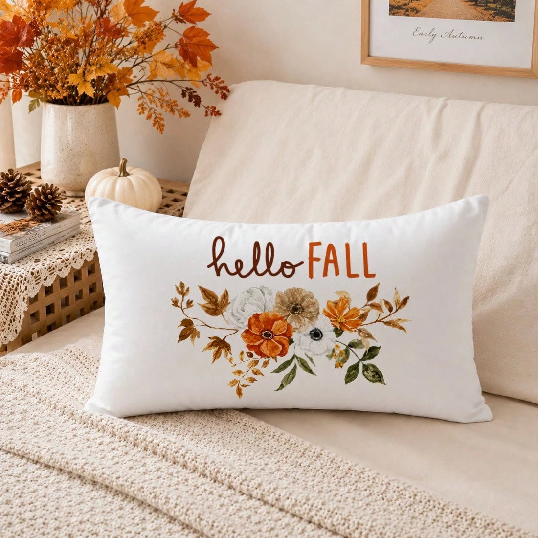 1pc Minimalist Hello Autumn Text & Floral Illustration Cushion Cover, Single-Sided Printed Peach Skin Velvet Material, 30*50/40*60CM Pillowcase Suitable For Room Decoration, Modern Minimalist Sofa Liv