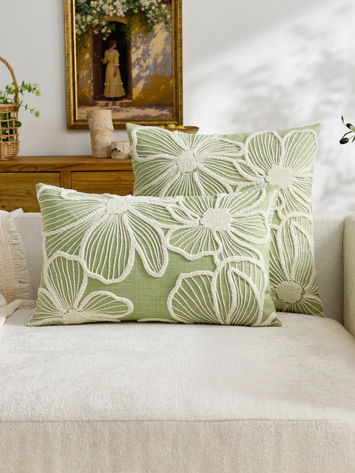 1pc Modern Minimalist Green Floral Embroidered Throw Pillow Cover, Spring/Summer Floral Cushion Cover, Suitable For Indoor Decor, All Season Pillow Sham, Pillow Insert Not Included