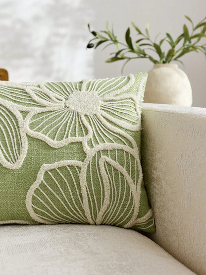 1pc Modern Minimalist Green Floral Embroidered Throw Pillow Cover, Spring/Summer Floral Cushion Cover, Suitable For Indoor Decor, All Season Pillow Sham, Pillow Insert Not Included