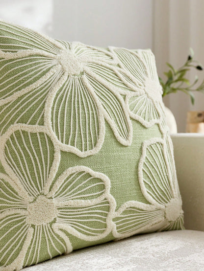 1pc Modern Minimalist Green Floral Embroidered Throw Pillow Cover, Spring/Summer Floral Cushion Cover, Suitable For Indoor Decor, All Season Pillow Sham, Pillow Insert Not Included