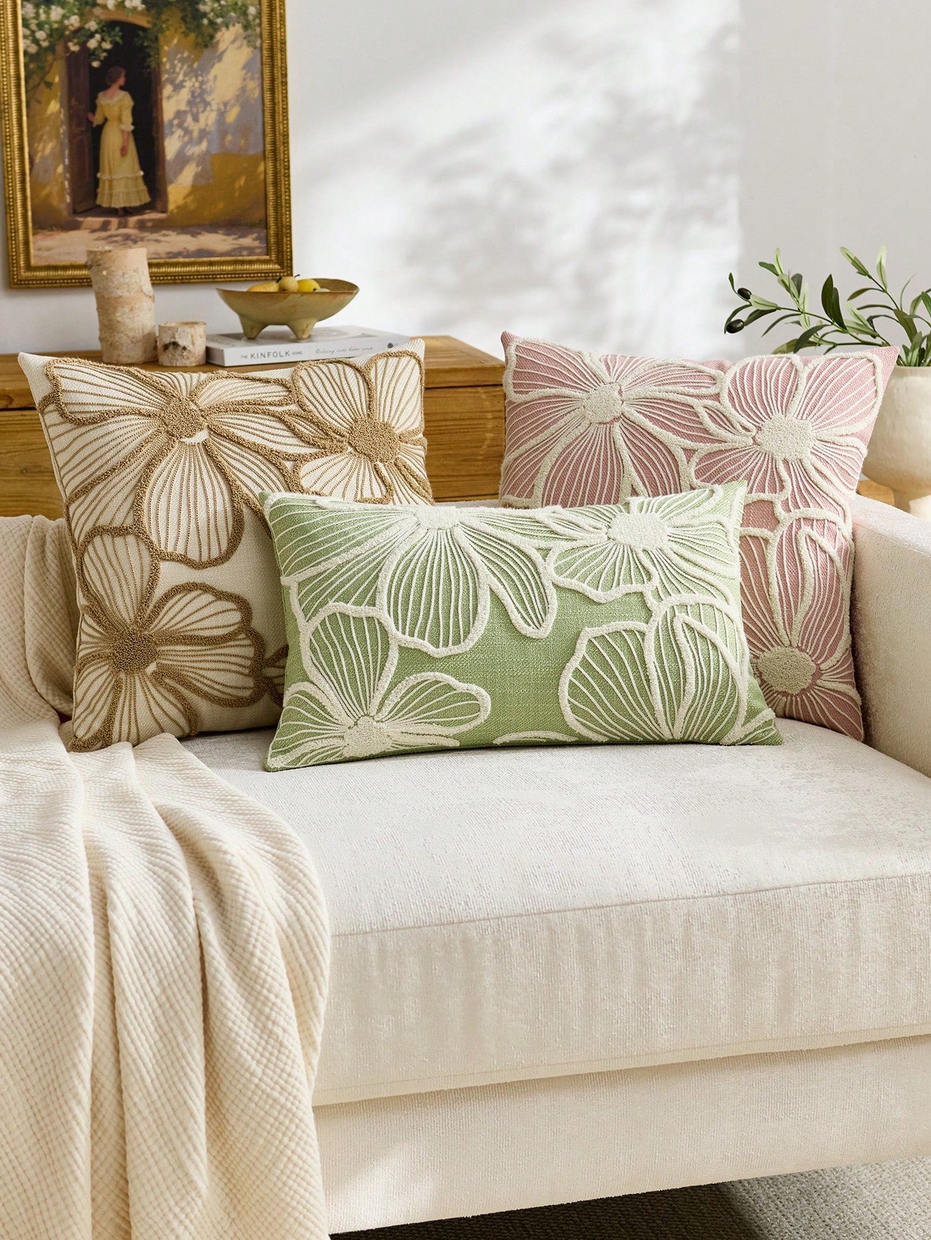 1pc Modern Minimalist Green Floral Embroidered Throw Pillow Cover, Spring/Summer Floral Cushion Cover, Suitable For Indoor Decor, All Season Pillow Sham, Pillow Insert Not Included