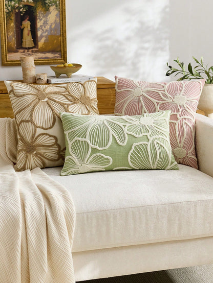 1pc Modern Minimalist Green Floral Embroidered Throw Pillow Cover, Spring/Summer Floral Cushion Cover, Suitable For Indoor Decor, All Season Pillow Sham, Pillow Insert Not Included
