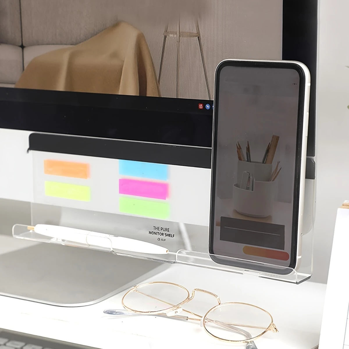 1pc Monitor Stand Desk Organizer, Memo Board, Sticky Note Holder, Minimalist Desk Accessory For Office Supplies, Phone Charging, Memo Writing, Back To School