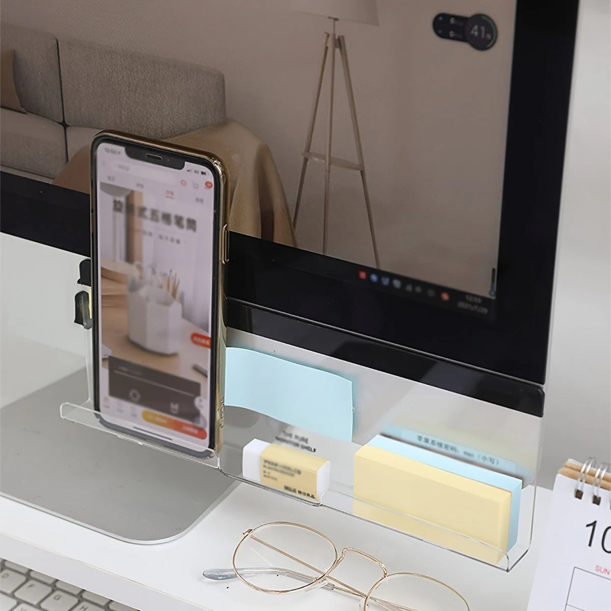 1pc Monitor Stand Desk Organizer, Memo Board, Sticky Note Holder, Minimalist Desk Accessory For Office Supplies, Phone Charging, Memo Writing, Back To School