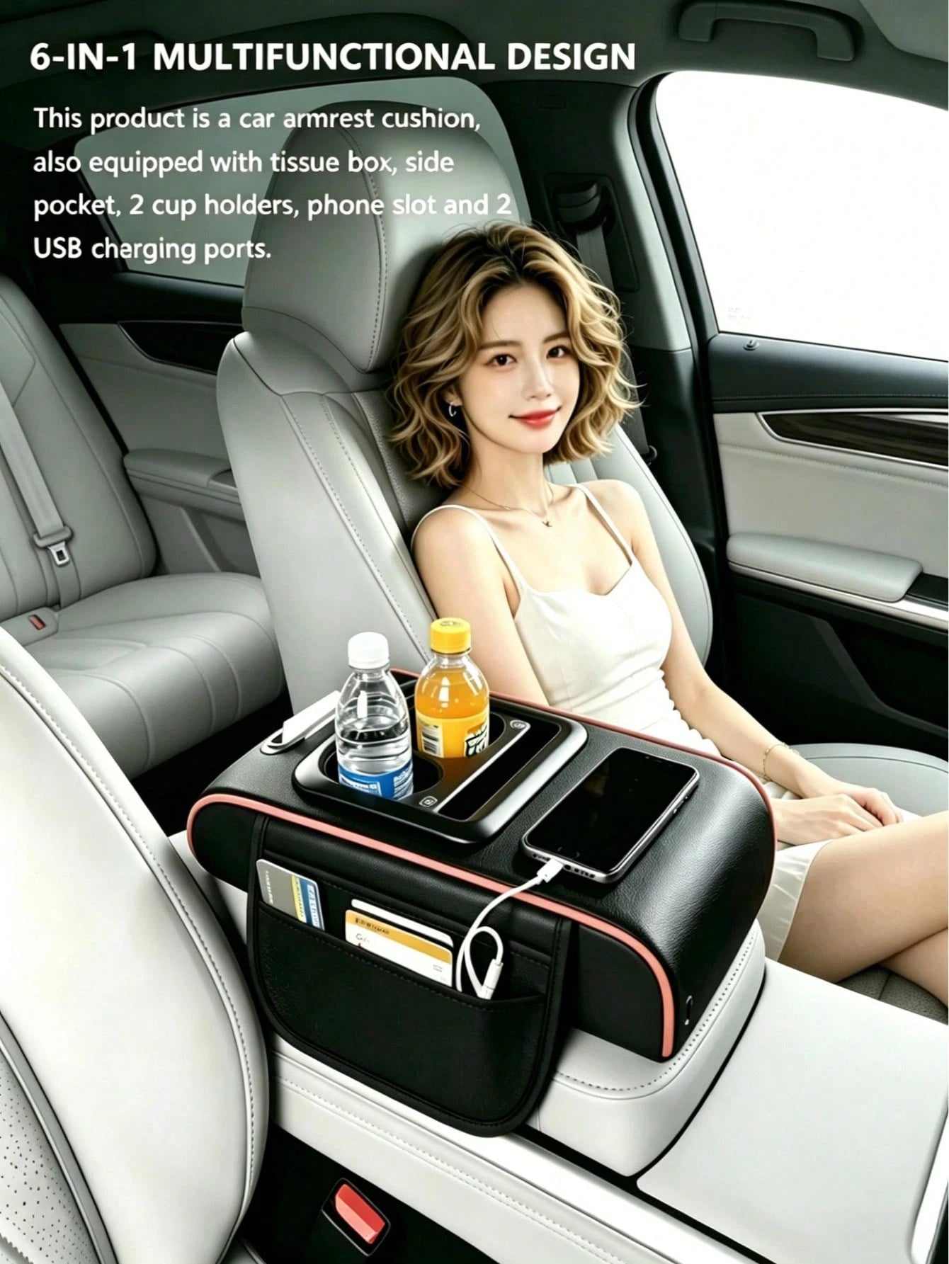 1PC Multifunctional Universal Car Armrest Storage Box,36*22.5*8cm Premium PU Leather Center Console Organizer With USB Charger Cup Holder, Space Saving Car Armrest Cushion Cover, Quick Ship From US Fo