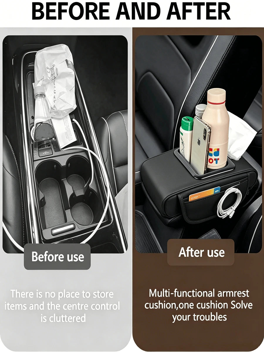 1PC Multifunctional Universal Car Armrest Storage Box,36*22.5*8cm Premium PU Leather Center Console Organizer With USB Charger Cup Holder, Space Saving Car Armrest Cushion Cover, Quick Ship From US Fo
