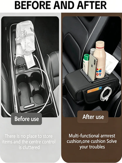 1PC Multifunctional Universal Car Armrest Storage Box,36*22.5*8cm Premium PU Leather Center Console Organizer With USB Charger Cup Holder, Space Saving Car Armrest Cushion Cover, Quick Ship From US Fo