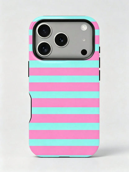 1pc New Artistic Blue & Pink Striped Glossy 2-In-1 Film Hard Shell Phone Case, Compatible With IPhone 17 Pro, 16e, 16, 15, 14, 13, 12, 11, XR And XS, High-End Fashion & Fun, Suitable For Daily Commute