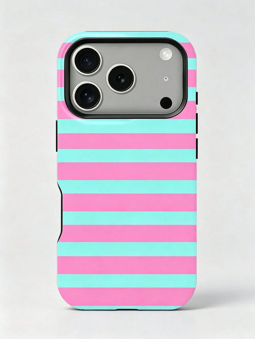 1pc New Artistic Blue & Pink Striped Glossy 2-In-1 Film Hard Shell Phone Case, Compatible With IPhone 17 Pro, 16e, 16, 15, 14, 13, 12, 11, XR And XS, High-End Fashion & Fun, Suitable For Daily Commute