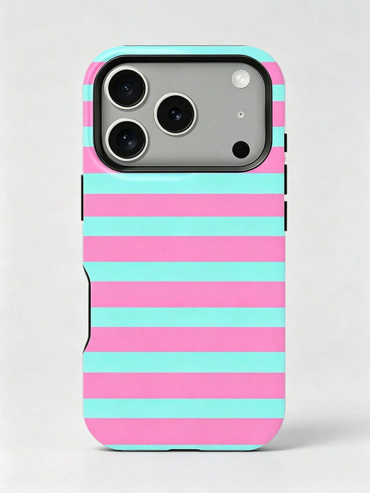 1pc New Artistic Blue & Pink Striped Glossy 2-In-1 Film Hard Shell Phone Case, Compatible With IPhone 17 Pro, 16e, 16, 15, 14, 13, 12, 11, XR And XS, High-End Fashion & Fun, Suitable For Daily Commute