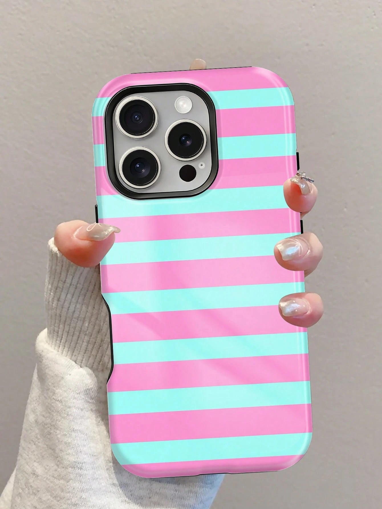 1pc New Artistic Blue & Pink Striped Glossy 2-In-1 Film Hard Shell Phone Case, Compatible With IPhone 17 Pro, 16e, 16, 15, 14, 13, 12, 11, XR And XS, High-End Fashion & Fun, Suitable For Daily Commute