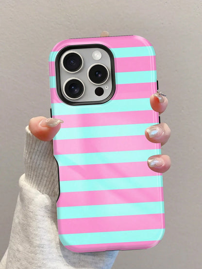 1pc New Artistic Blue & Pink Striped Glossy 2-In-1 Film Hard Shell Phone Case, Compatible With IPhone 17 Pro, 16e, 16, 15, 14, 13, 12, 11, XR And XS, High-End Fashion & Fun, Suitable For Daily Commute