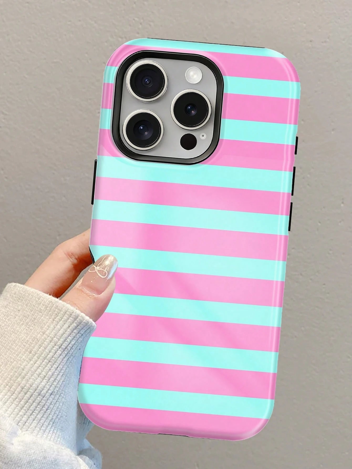 1pc New Artistic Blue & Pink Striped Glossy 2-In-1 Film Hard Shell Phone Case, Compatible With IPhone 17 Pro, 16e, 16, 15, 14, 13, 12, 11, XR And XS, High-End Fashion & Fun, Suitable For Daily Commute