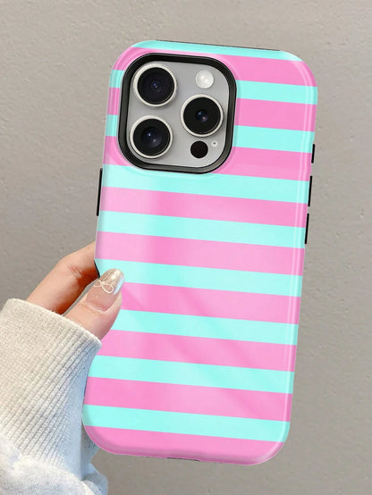 1pc New Artistic Blue & Pink Striped Glossy 2-In-1 Film Hard Shell Phone Case, Compatible With IPhone 17 Pro, 16e, 16, 15, 14, 13, 12, 11, XR And XS, High-End Fashion & Fun, Suitable For Daily Commute