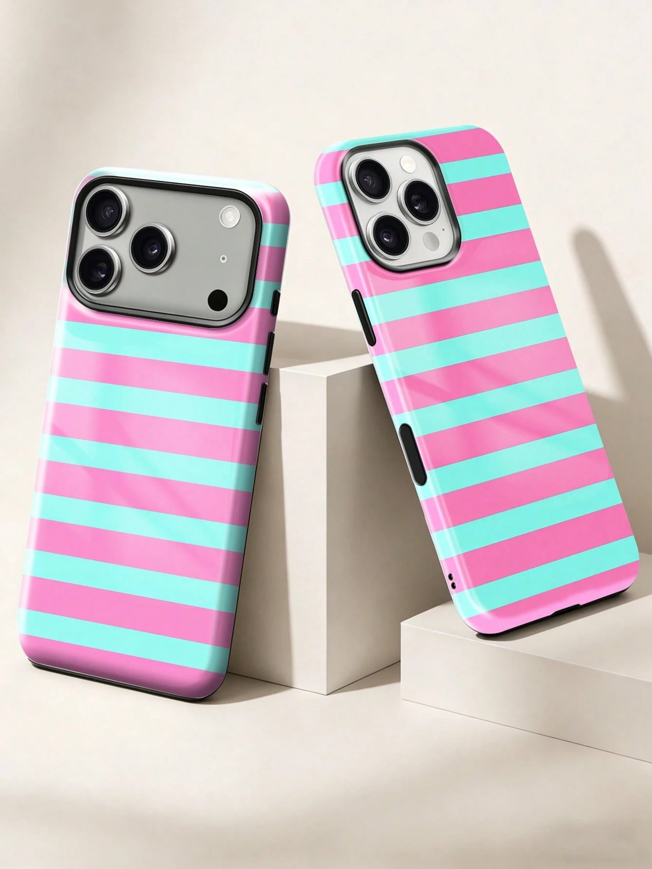 1pc New Artistic Blue & Pink Striped Glossy 2-In-1 Film Hard Shell Phone Case, Compatible With IPhone 17 Pro, 16e, 16, 15, 14, 13, 12, 11, XR And XS, High-End Fashion & Fun, Suitable For Daily Commute