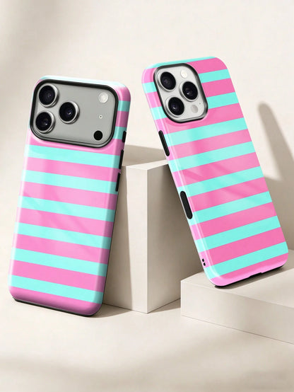 1pc New Artistic Blue & Pink Striped Glossy 2-In-1 Film Hard Shell Phone Case, Compatible With IPhone 17 Pro, 16e, 16, 15, 14, 13, 12, 11, XR And XS, High-End Fashion & Fun, Suitable For Daily Commute