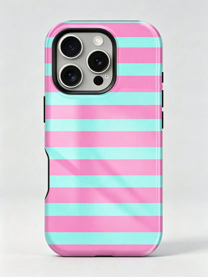 1pc New Artistic Blue & Pink Striped Glossy 2-In-1 Film Hard Shell Phone Case, Compatible With IPhone 17 Pro, 16e, 16, 15, 14, 13, 12, 11, XR And XS, High-End Fashion & Fun, Suitable For Daily Commute