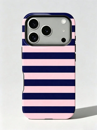 1pc New Artistic Blue & Pink Striped Glossy 2-In-1 Film Hard Shell Phone Case, Compatible With IPhone 17 Pro, 16e, 16, 15, 14, 13, 12, 11, XR And XS, High-End Fashion & Fun, Suitable For Daily Commute