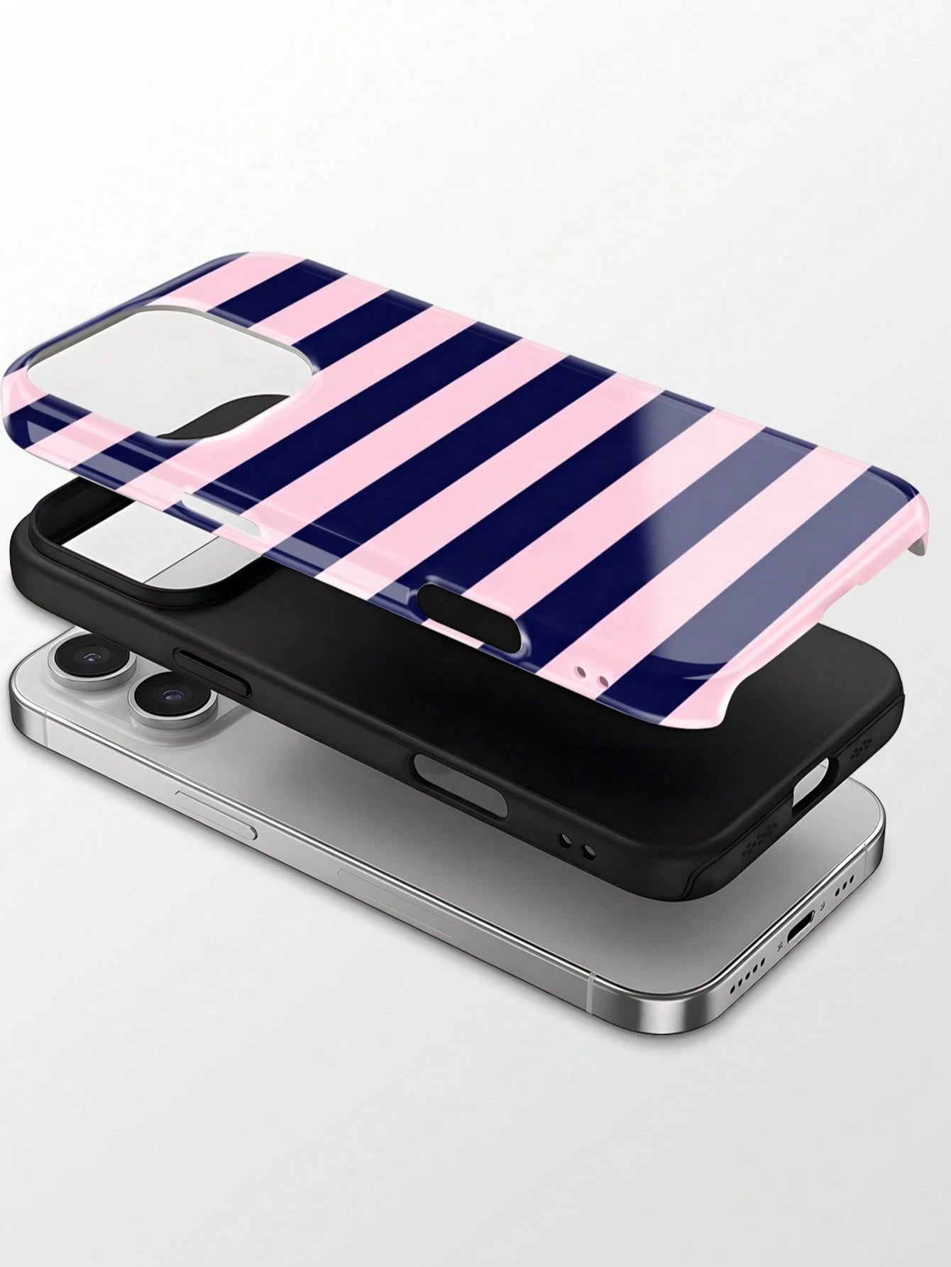 1pc New Artistic Blue & Pink Striped Glossy 2-In-1 Film Hard Shell Phone Case, Compatible With IPhone 17 Pro, 16e, 16, 15, 14, 13, 12, 11, XR And XS, High-End Fashion & Fun, Suitable For Daily Commute