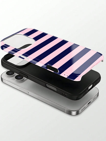 1pc New Artistic Blue & Pink Striped Glossy 2-In-1 Film Hard Shell Phone Case, Compatible With IPhone 17 Pro, 16e, 16, 15, 14, 13, 12, 11, XR And XS, High-End Fashion & Fun, Suitable For Daily Commute