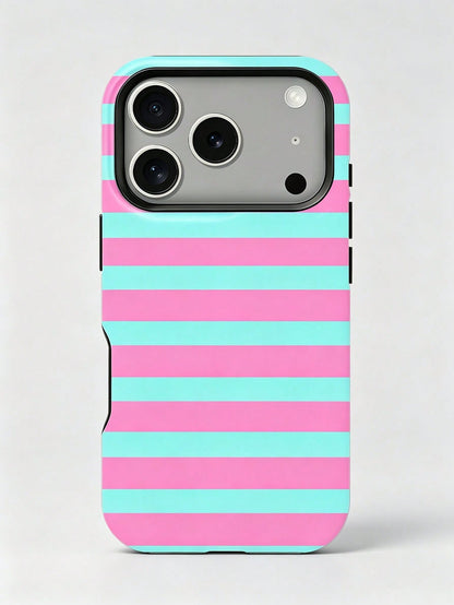 1pc New Artistic Blue & Pink Striped Glossy 2-In-1 Film Hard Shell Phone Case, Compatible With IPhone 17 Pro, 16e, 16, 15, 14, 13, 12, 11, XR And XS, High-End Fashion & Fun, Suitable For Daily Commute