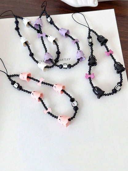 1pc New Ghost Beaded Phone Lanyard Skull Charm Phone Pendant, Anti-Lost Phone Strap