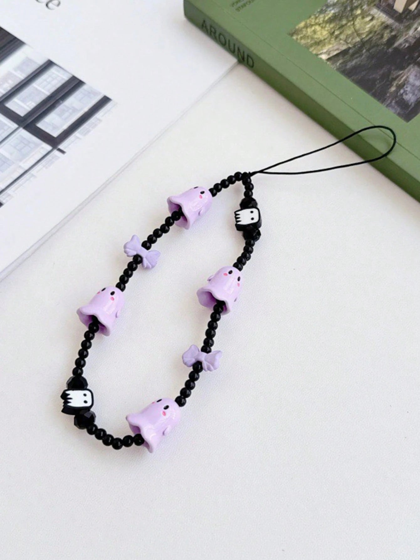 1pc New Ghost Beaded Phone Lanyard Skull Charm Phone Pendant, Anti-Lost Phone Strap