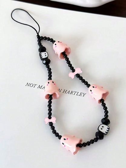 1pc New Ghost Beaded Phone Lanyard Skull Charm Phone Pendant, Anti-Lost Phone Strap