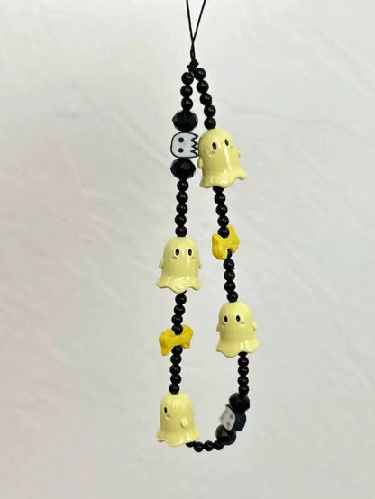 1pc New Ghost Beaded Phone Lanyard Skull Charm Phone Pendant, Anti-Lost Phone Strap