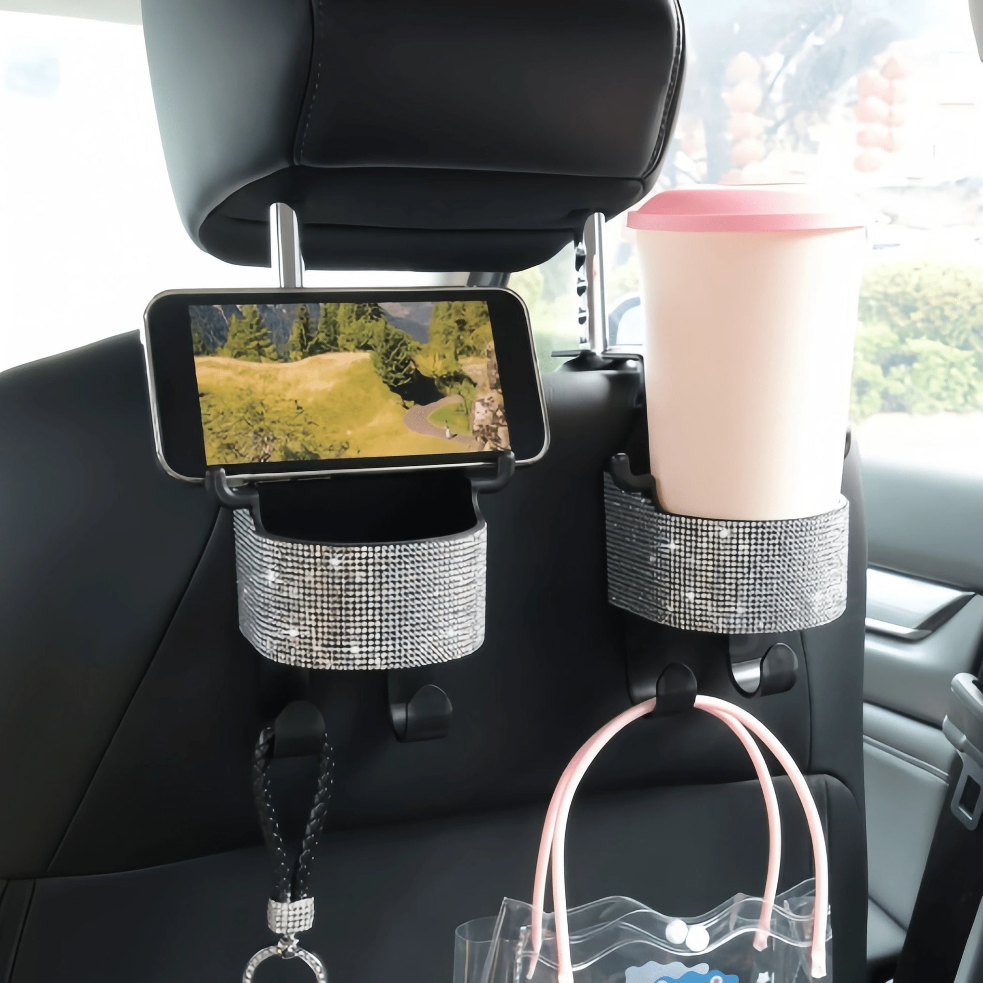1pc New Rhinestone Multi-Function Car Seat Storage Bag With Cup Holder, 2-In-1 Car Hook, Easy Installation- Durable ABS Material Storage Bag, Convenient To Carry
