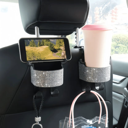 1pc New Rhinestone Multi-Function Car Seat Storage Bag With Cup Holder, 2-In-1 Car Hook, Easy Installation- Durable ABS Material Storage Bag, Convenient To Carry